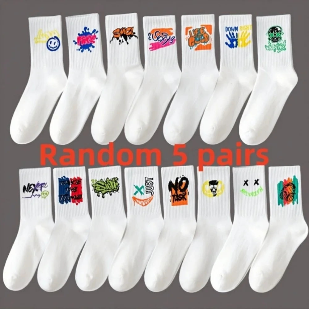 Random 5 Pairs of Large Size Socks Sweat-Absorbent Sports Basketball Stockings Spring and Summer Black and White Men'S Mid-Calf Socks
