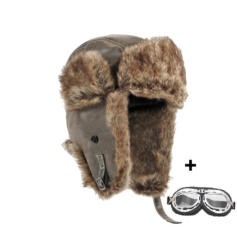 Earflap Ushanka Warm Fur Hat Leather Army Helmet Bomber Men Trapper Pilot Aviator Costume Cap with Goggle Soviet for Women