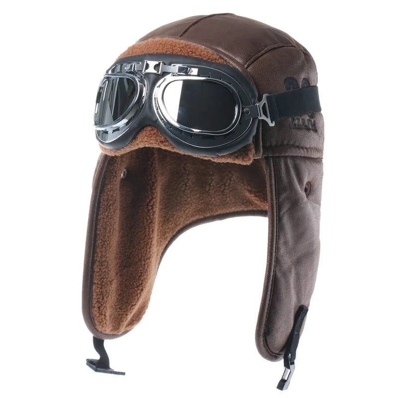 Men Winter Bomber Hat with Goggles Outdoor Motorcycle Windproof Warm Faux Fur Pilot Earflap Hat Leather Thermal Ushanka