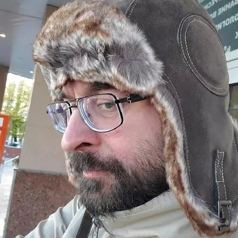 Earflap Ushanka Warm Fur Hat Leather Army Helmet Bomber Men Trapper Pilot Aviator Costume Cap with Goggle Soviet for Women