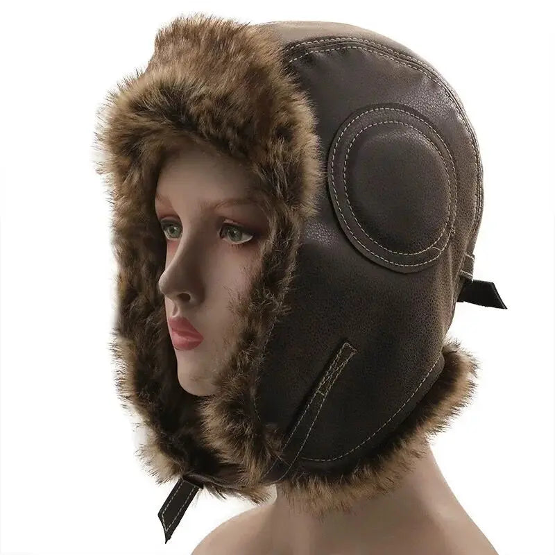 Earflap Ushanka Warm Fur Hat Leather Army Helmet Bomber Men Trapper Pilot Aviator Costume Cap with Goggle Soviet for Women