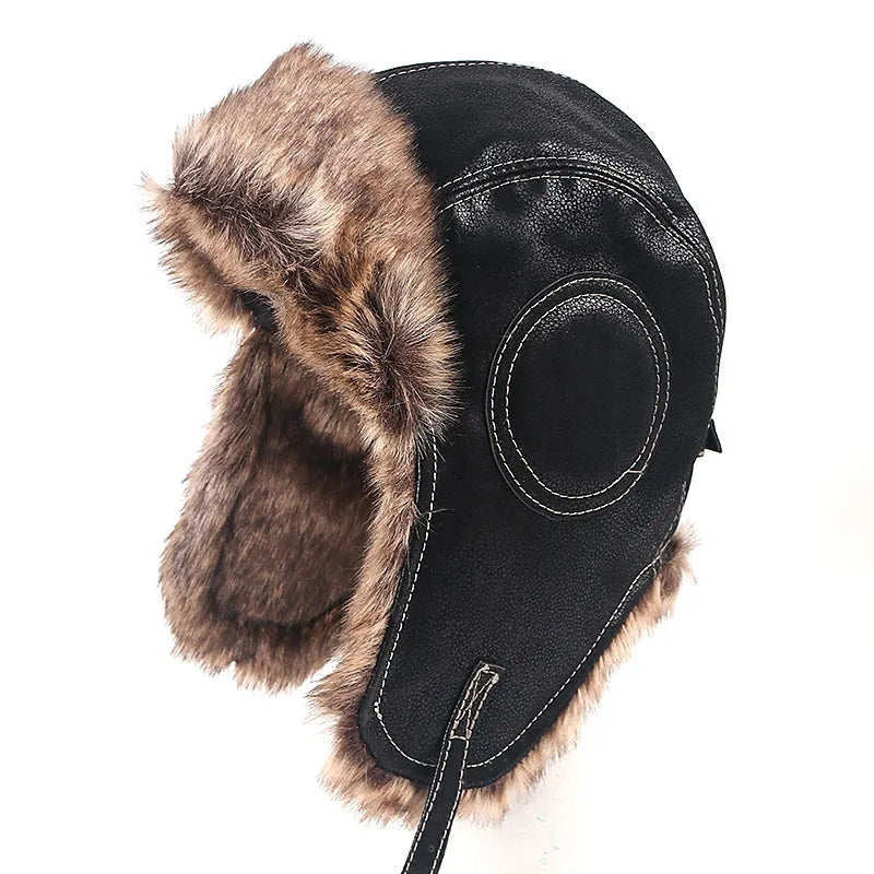Earflap Ushanka Warm Fur Hat Leather Army Helmet Bomber Men Trapper Pilot Aviator Costume Cap with Goggle Soviet for Women