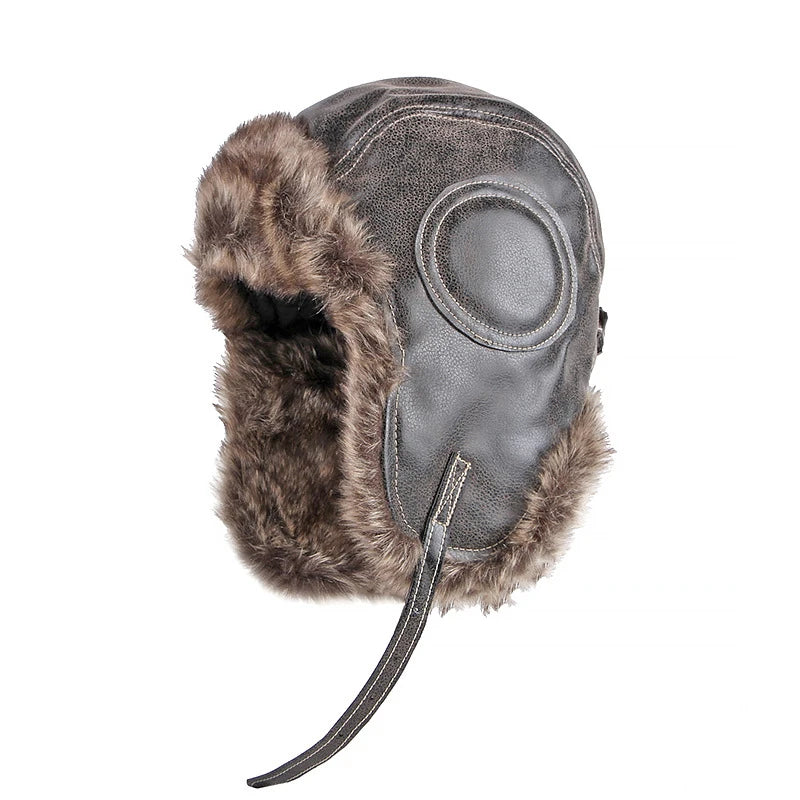 Earflap Ushanka Warm Fur Hat Leather Army Helmet Bomber Men Trapper Pilot Aviator Costume Cap with Goggle Soviet for Women
