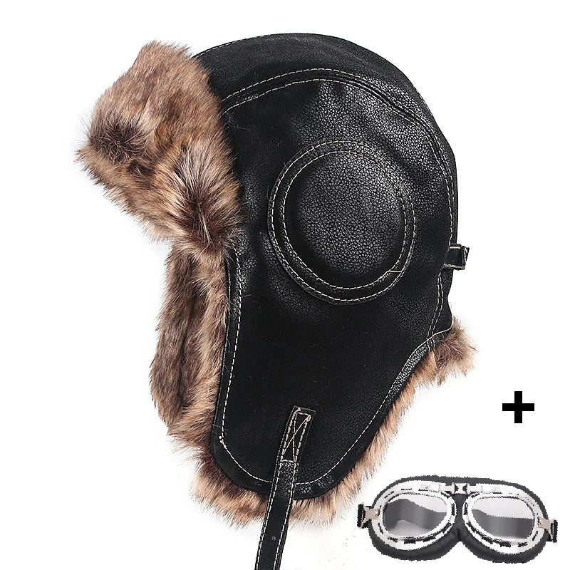 Earflap Ushanka Warm Fur Hat Leather Army Helmet Bomber Men Trapper Pilot Aviator Costume Cap with Goggle Soviet for Women