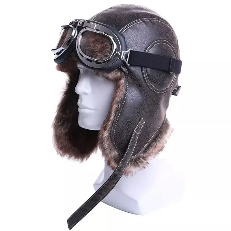 Earflap Ushanka Warm Fur Hat Leather Army Helmet Bomber Men Trapper Pilot Aviator Costume Cap with Goggle Soviet for Women