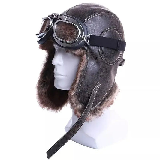 Earflap Ushanka Warm Fur Hat Leather Army Helmet Bomber Men Trapper Pilot Aviator Costume Cap with Goggle Soviet for Women