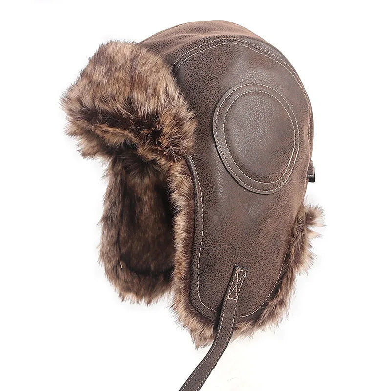 Earflap Ushanka Warm Fur Hat Leather Army Helmet Bomber Men Trapper Pilot Aviator Costume Cap with Goggle Soviet for Women