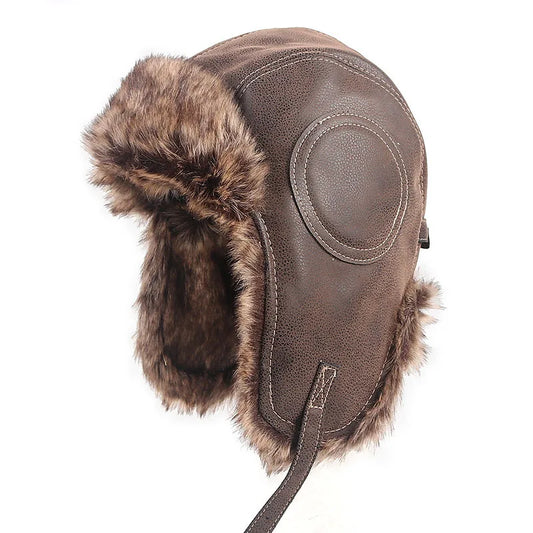 Earflap Ushanka Warm Fur Hat Leather Army Helmet Bomber Men Trapper Pilot Aviator Costume Cap with Goggle Soviet for Women