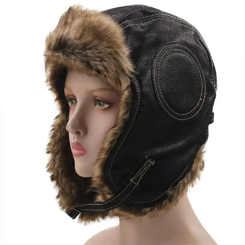 Earflap Ushanka Warm Fur Hat Leather Army Helmet Bomber Men Trapper Pilot Aviator Costume Cap with Goggle Soviet for Women