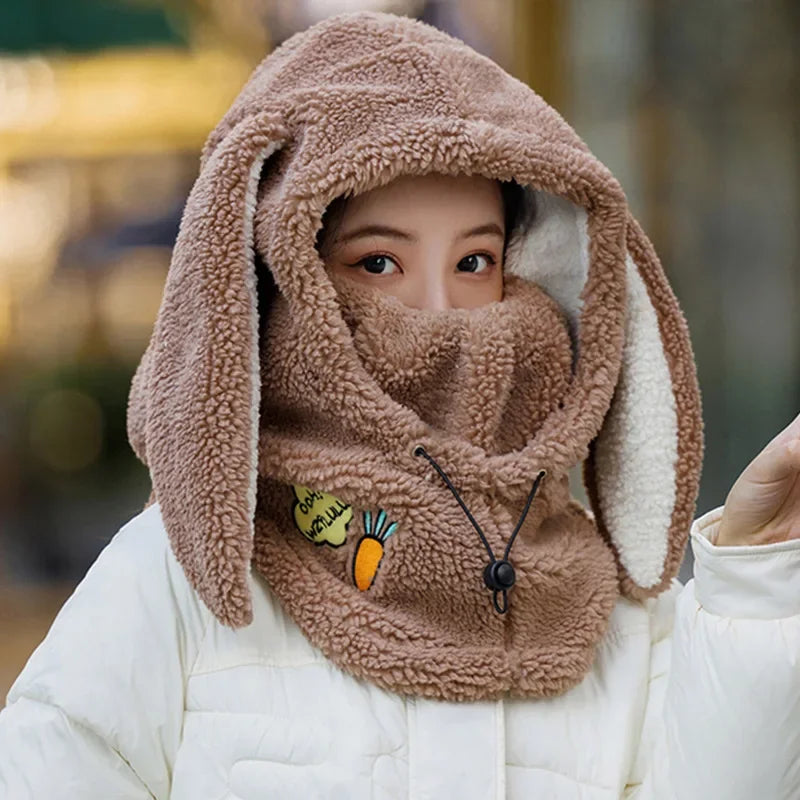 Winter Wool Ski Hat Scarf Warm Ski Helmet Cover Comfortable Soft Casual Cartoon Cute Bunny Ears Decorative Helmet Cover