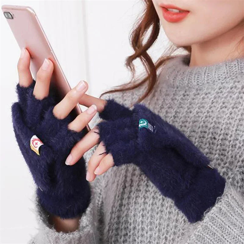 Female Winter Mitten Soft Warm Student Women Flip Gloves Outdoor Write Gloves Thickened Cold Protection Plush Fingerless Gloves