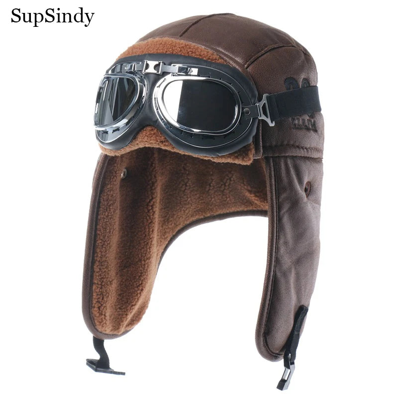 Men Winter Bomber Hat with Goggles Outdoor Motorcycle Windproof Warm Faux Fur Pilot Earflap Hat Leather Thermal Ushanka