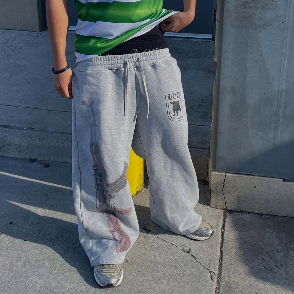 Y2K High-Waisted Printed Embroidered Street Guard Pants Spring Summer Casual Straight Leg Double Waist Design Fashionable