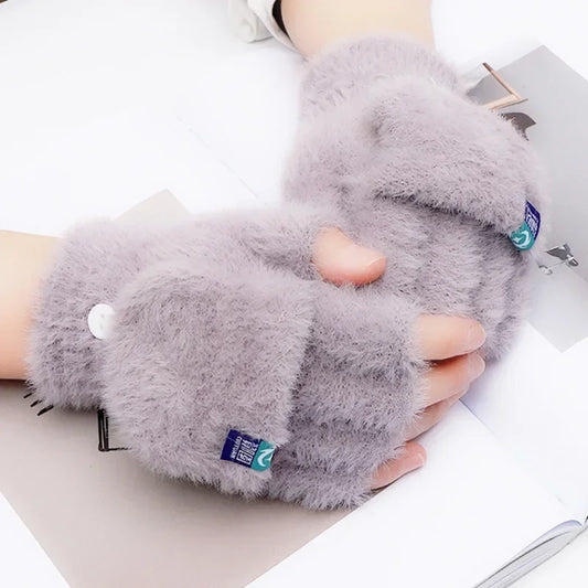 Female Winter Mitten Soft Warm Student Women Flip Gloves Outdoor Write Gloves Thickened Cold Protection Plush Fingerless Gloves