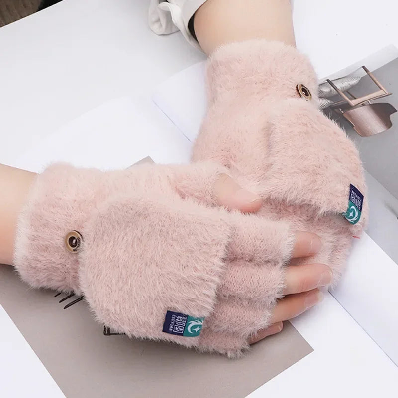 Female Winter Mitten Soft Warm Student Women Flip Gloves Outdoor Write Gloves Thickened Cold Protection Plush Fingerless Gloves
