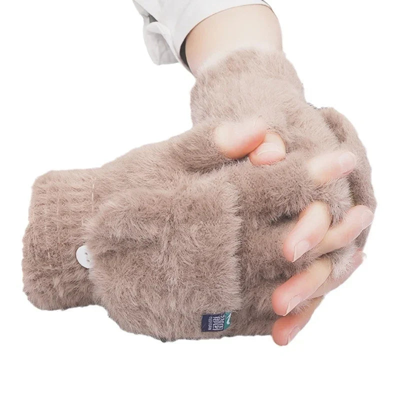 Female Winter Mitten Soft Warm Student Women Flip Gloves Outdoor Write Gloves Thickened Cold Protection Plush Fingerless Gloves