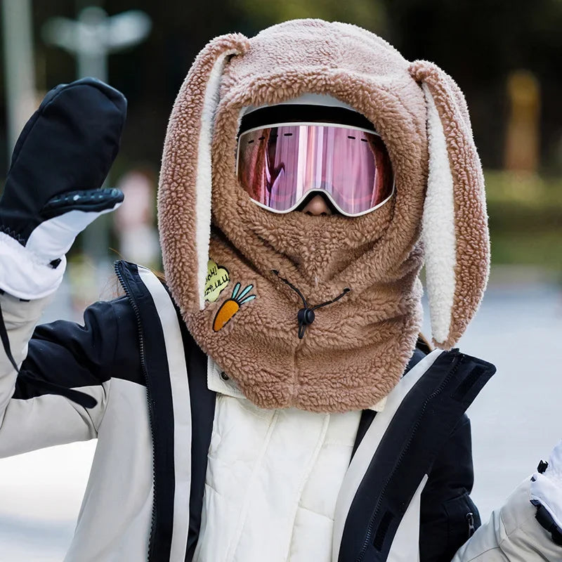 Winter Wool Ski Hat Scarf Warm Ski Helmet Cover Comfortable Soft Casual Cartoon Cute Bunny Ears Decorative Helmet Cover