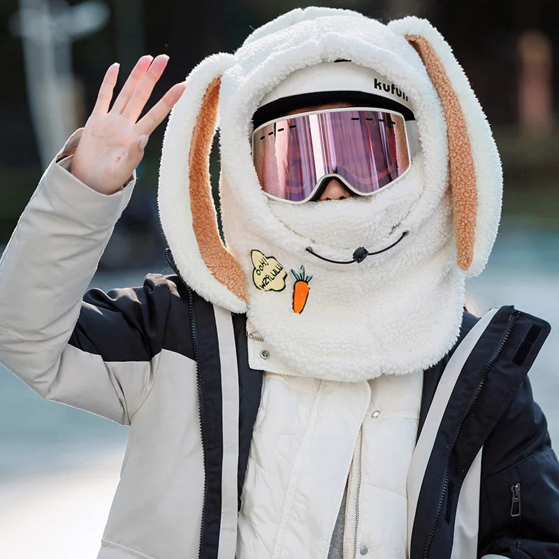 Winter Wool Ski Hat Scarf Warm Ski Helmet Cover Comfortable Soft Casual Cartoon Cute Bunny Ears Decorative Helmet Cover