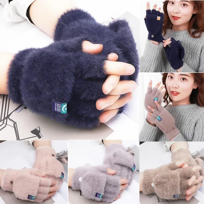 Female Winter Mitten Soft Warm Student Women Flip Gloves Outdoor Write Gloves Thickened Cold Protection Plush Fingerless Gloves