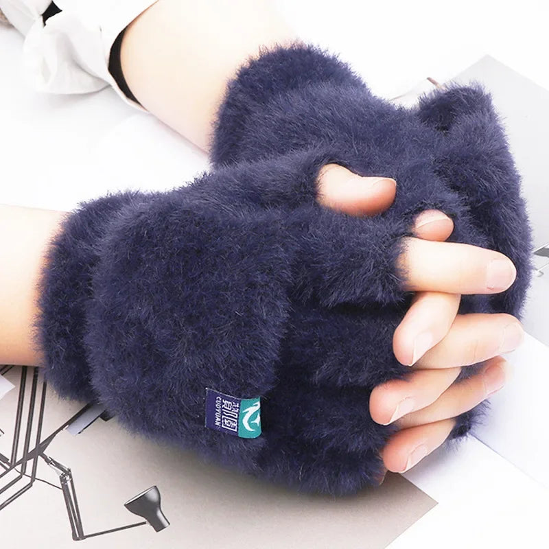 Female Winter Mitten Soft Warm Student Women Flip Gloves Outdoor Write Gloves Thickened Cold Protection Plush Fingerless Gloves