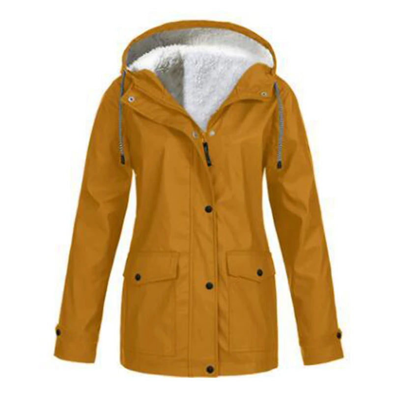 Women'S Autumn Winter plus Velvet Jacket Windproof Waterproof Hooded Coat Outdoor Sports Cloths for Climbing Cycling Fishing