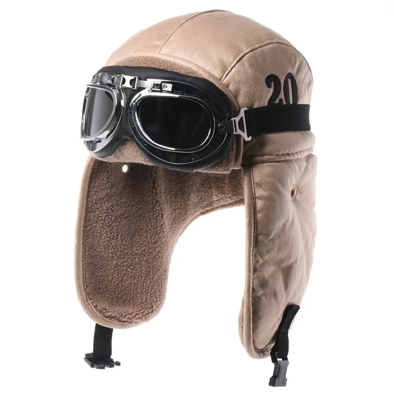 Men Winter Bomber Hat with Goggles Outdoor Motorcycle Windproof Warm Faux Fur Pilot Earflap Hat Leather Thermal Ushanka