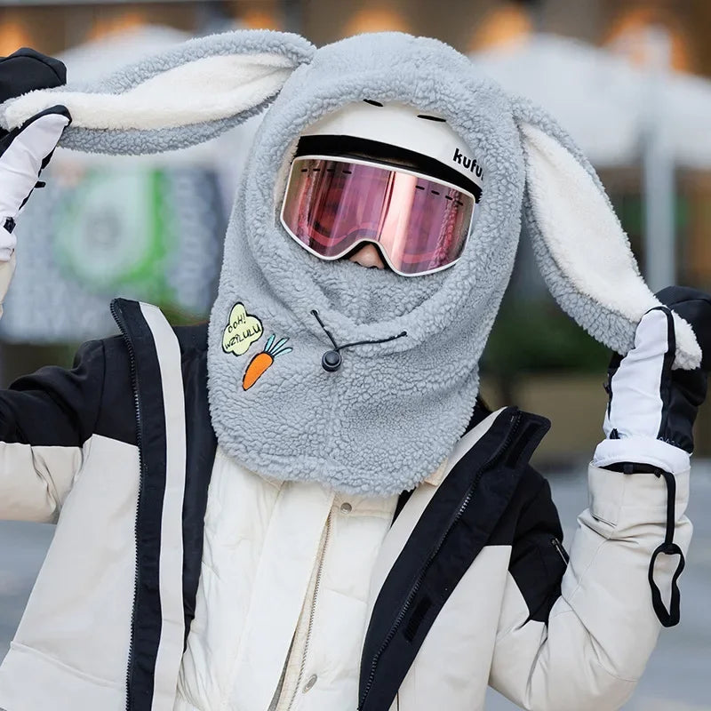 Winter Wool Ski Hat Scarf Warm Ski Helmet Cover Comfortable Soft Casual Cartoon Cute Bunny Ears Decorative Helmet Cover