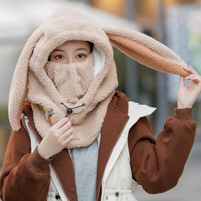 Winter Wool Ski Hat Scarf Warm Ski Helmet Cover Comfortable Soft Casual Cartoon Cute Bunny Ears Decorative Helmet Cover