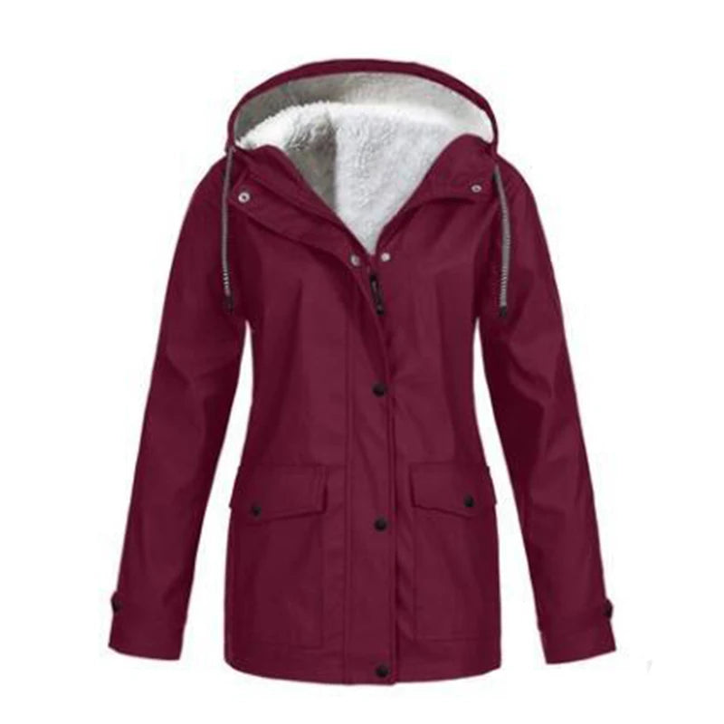 Women'S Autumn Winter plus Velvet Jacket Windproof Waterproof Hooded Coat Outdoor Sports Cloths for Climbing Cycling Fishing