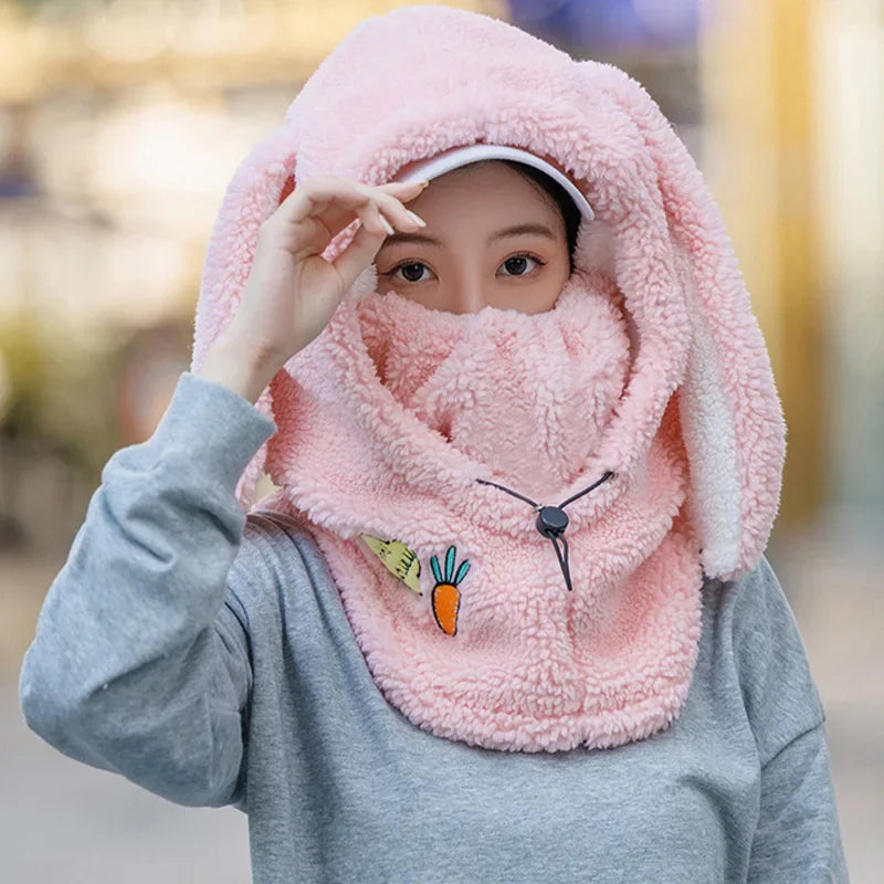 Winter Wool Ski Hat Scarf Warm Ski Helmet Cover Comfortable Soft Casual Cartoon Cute Bunny Ears Decorative Helmet Cover