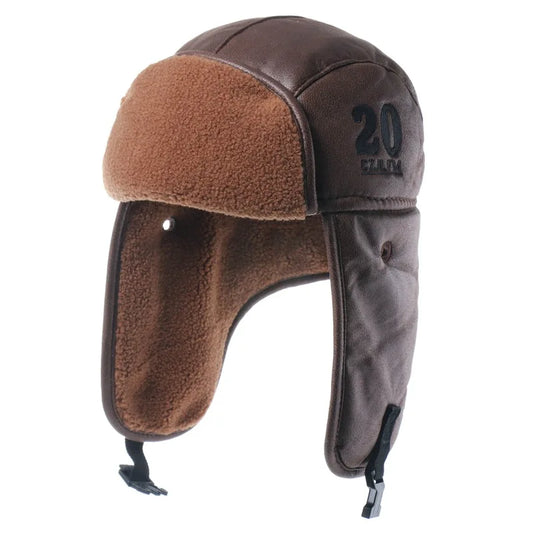 Men Winter Bomber Hat with Goggles Outdoor Motorcycle Windproof Warm Faux Fur Pilot Earflap Hat Leather Thermal Ushanka