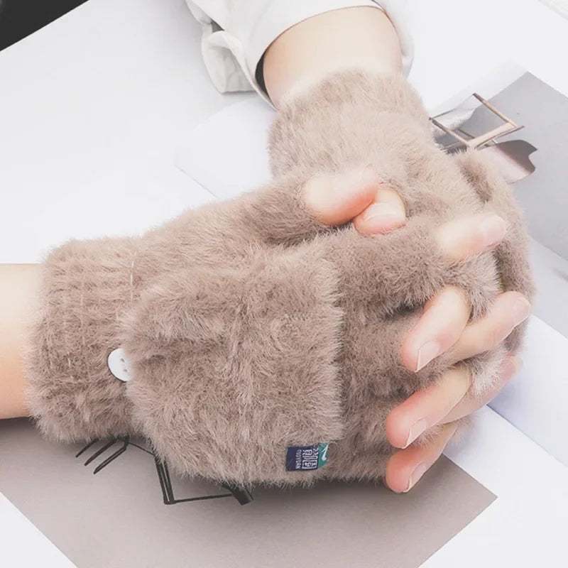 Female Winter Mitten Soft Warm Student Women Flip Gloves Outdoor Write Gloves Thickened Cold Protection Plush Fingerless Gloves